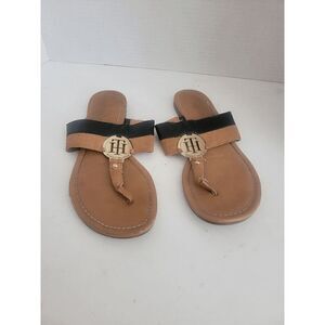 Tommy Hilfiger Women's Tan Black Twsianne Vegan Leather Sandals Size 7.5